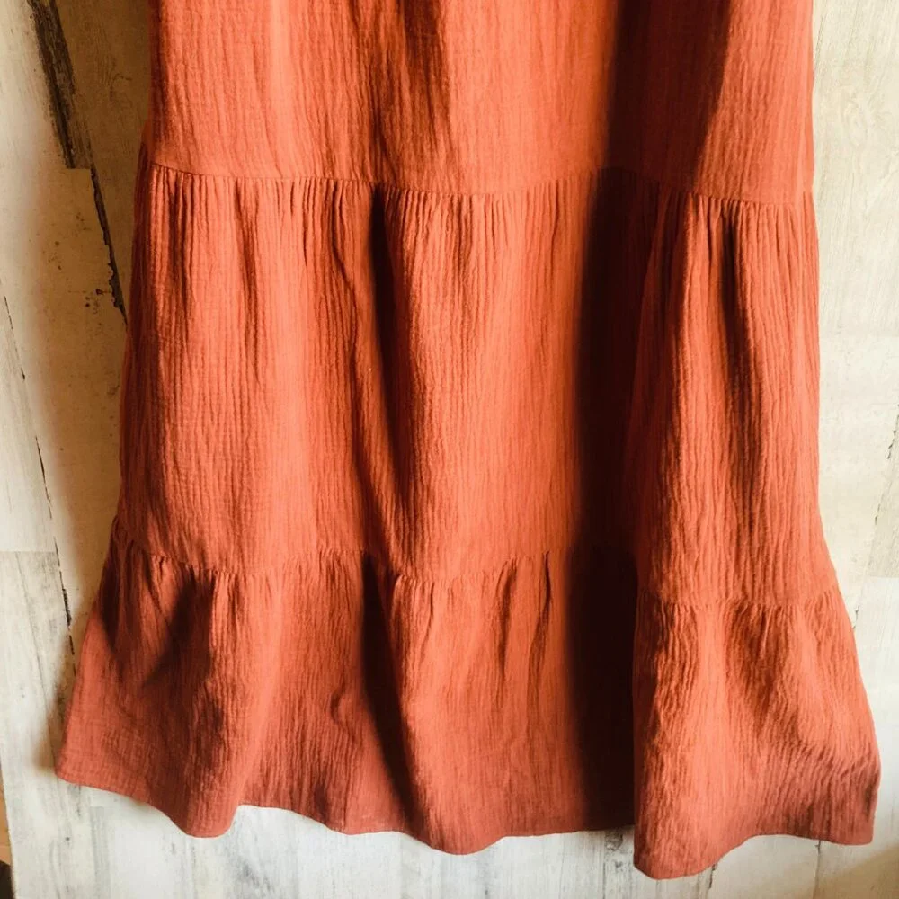 NWT $65 Nine Britton Gauze Maxi Dress Tiered Rust PM Brick Orange-Brown - Picture 3 of 10